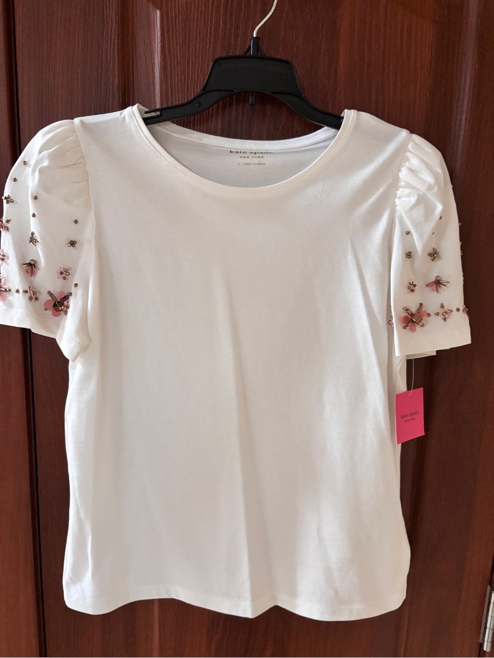 New Kate Spade White Puff Sleeve Tee with Pink Beaded Embellishments Size Small